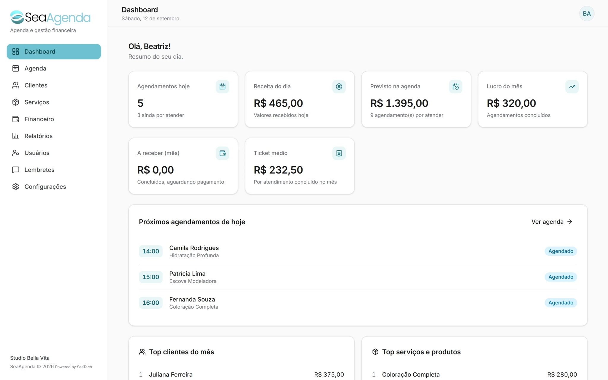 Painel do SeaAgenda mostrando agendamentos do dia, receita e lucro do mês